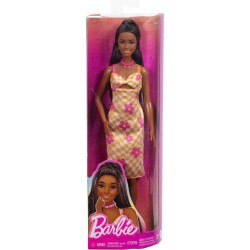 BARBIE FASHIONISTAS - CHECKERED FLOWER MIDI DRESS, BLACK HAIR - HYT91