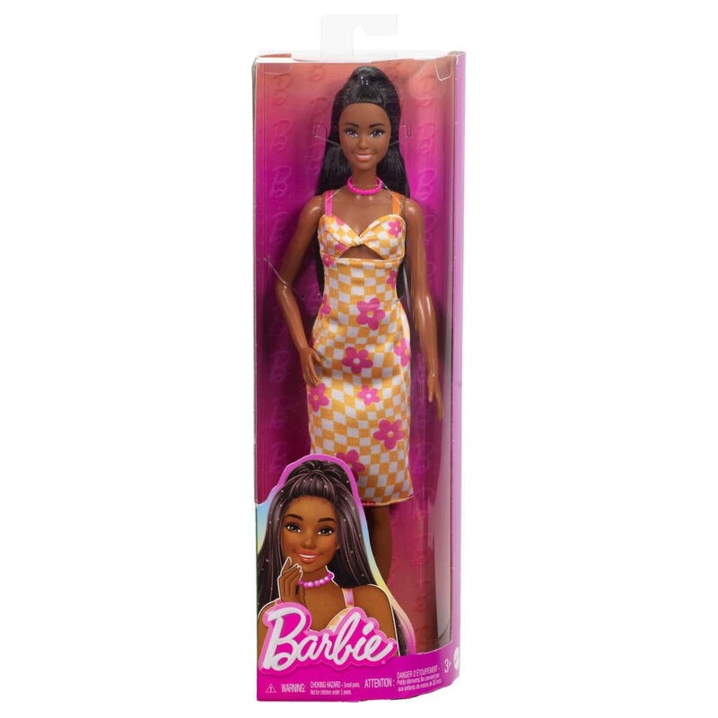 BARBIE FASHIONISTAS - CHECKERED FLOWER MIDI DRESS, BLACK HAIR - HYT91